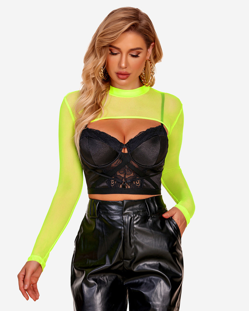 Mock Neck Long Sleeve Crop Top (DE Only) Neon Green Lingeries-Crop tops - Tophatter Daily Deals