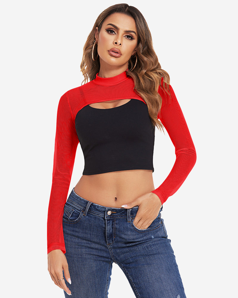 Mock Neck Long Sleeve Crop Top (DE Only) Red Lingeries-Crop tops - Tophatter Daily Deals