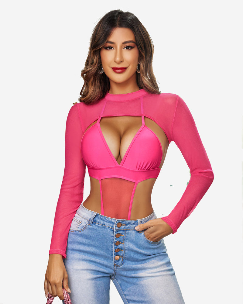Mock Neck Long Sleeve Crop Top (DE Only) Rose Red Lingeries-Crop tops - Tophatter Daily Deals