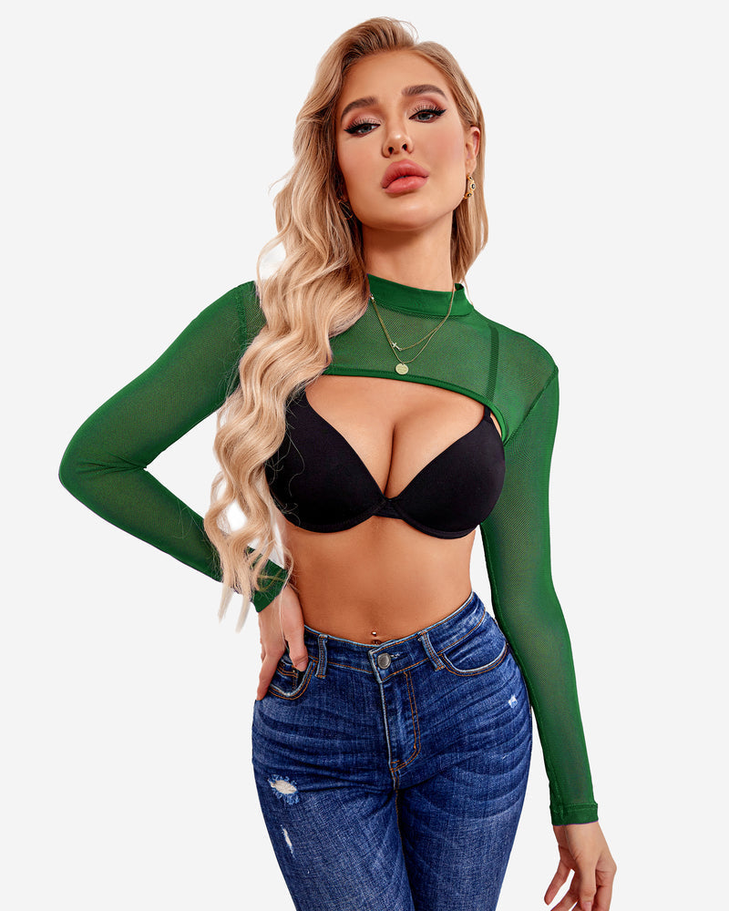 Mock Neck Long Sleeve Crop Top (DE Only) Green Lingeries-Crop tops - Tophatter Daily Deals