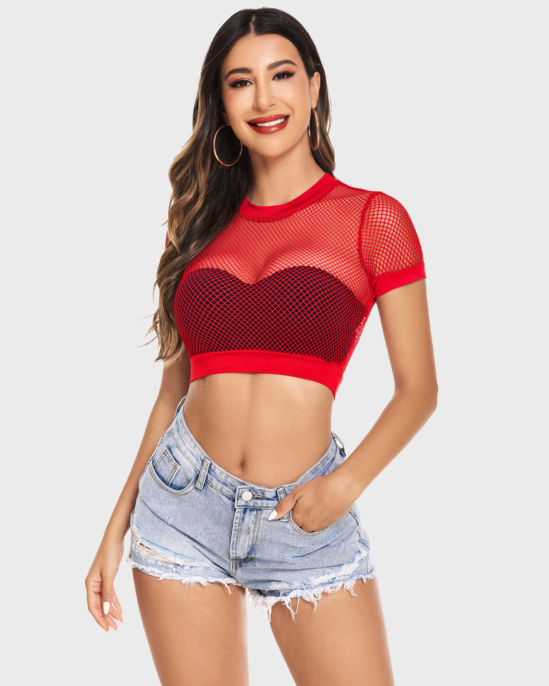 Fishnet Crop Top Short Sleeve Shirt (DE Only) Red Lingeries-Crop tops - Tophatter Daily Deals