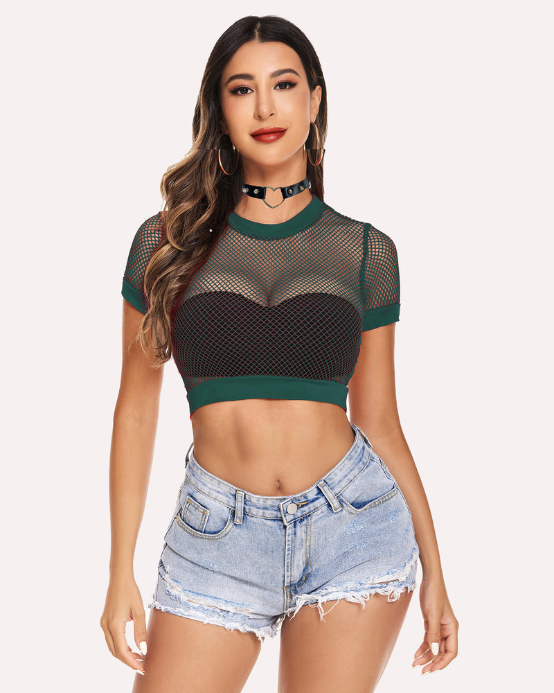 Fishnet Crop Top Short Sleeve Shirt (DE Only) Green Lingeries-Crop tops - Tophatter Daily Deals