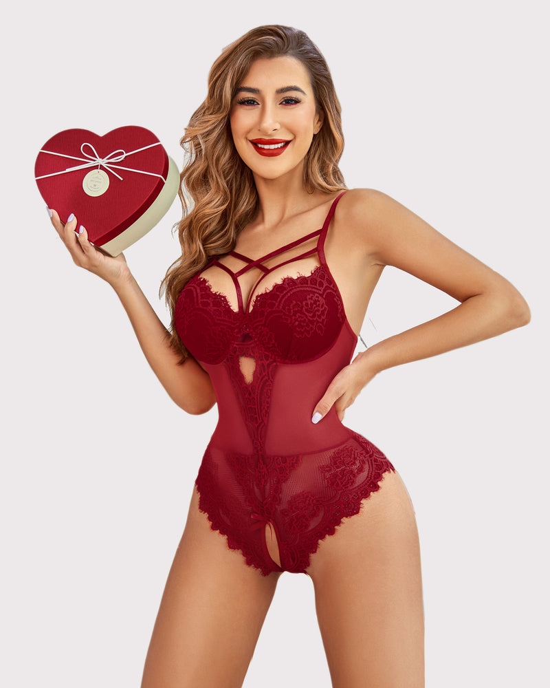 Print Lingerie Floral Lace Bodysuit Wine Red Lingeries-Bodysuits - Tophatter Daily Deals