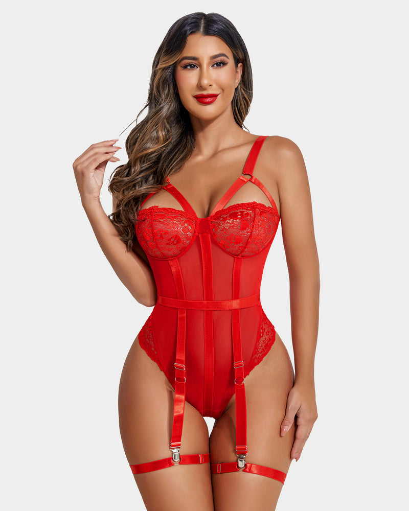 Lace Exotic Bodysuit with Garter Belt (DE Only) Red Lingeries-Bodysuits - Tophatter Daily Deals