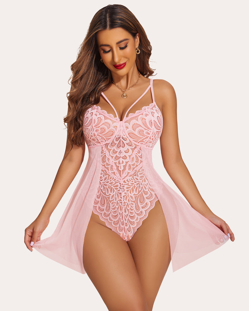 Lace Print Snap Crotch Teddy (DE Only) Lingeries-Bodysuits - Tophatter Daily Deals