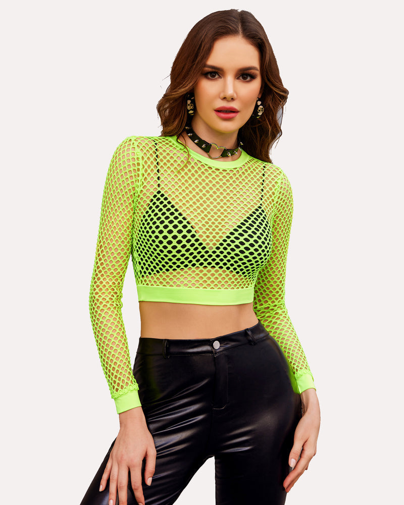 Fishnet Crop Top Long Sleeve Shirt (DE Only) Pat1 Lingeries-Crop tops - Tophatter Daily Deals