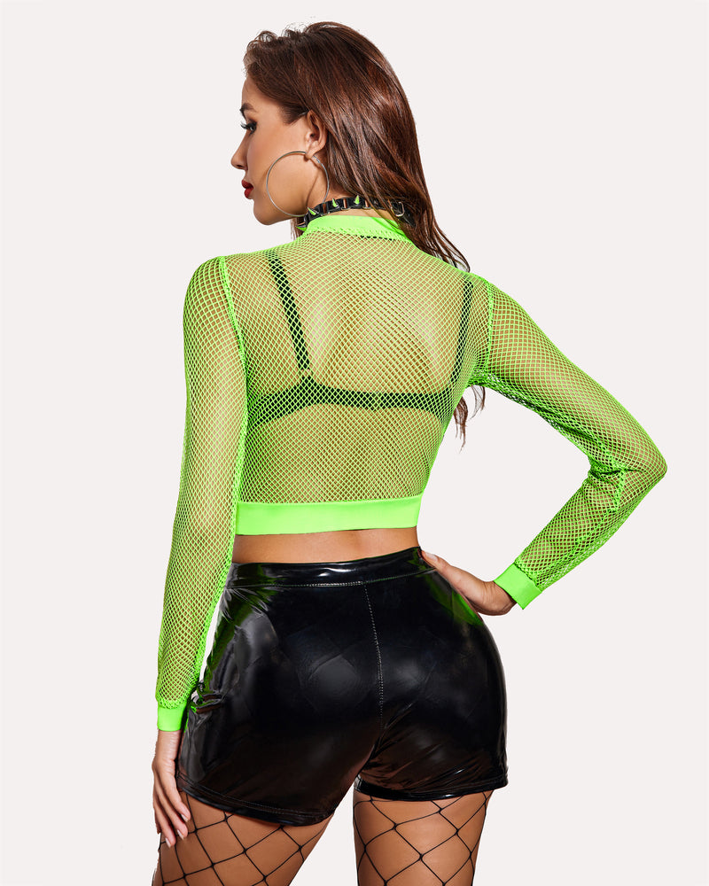 Fishnet Crop Top Long Sleeve Shirt (DE Only) Lingeries-Crop tops - Tophatter Daily Deals