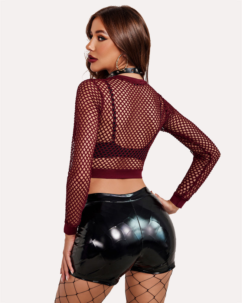 Fishnet Crop Top Long Sleeve Shirt (DE Only) Lingeries-Crop tops - Tophatter Daily Deals