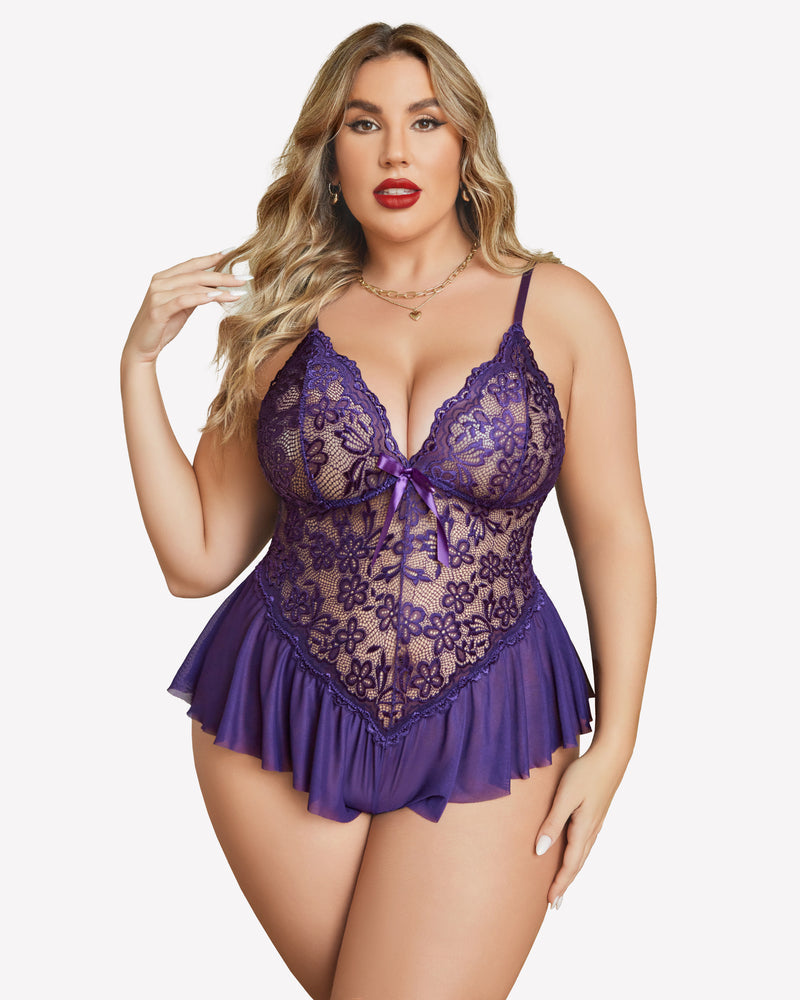 Plus Size Lingerie Lace Bodysuit Dark Purple Lingerie Sets-Plus size - Tophatter Daily Deals