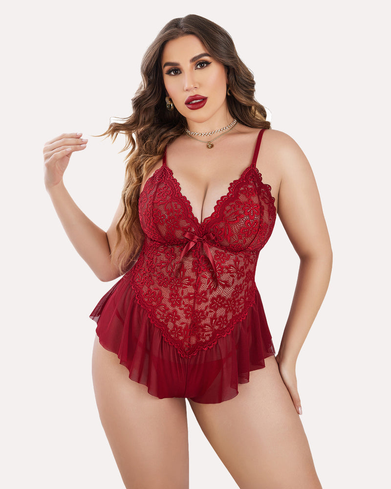 Plus Size Lingerie Lace Bodysuit Wine Red Lingerie Sets-Plus size - Tophatter Daily Deals
