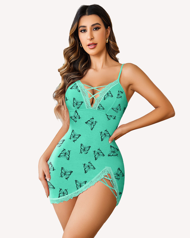 Christmas Lace Full Slip Side Slit Dress Green Butterfly Lingeries-Chemises - Tophatter Daily Deals