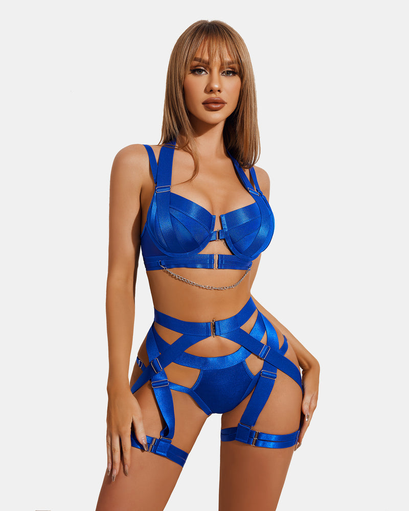 Push Up Bra Garter Set with Chain (DE Only) Blue Lingerie Sets-Bra Sets - Tophatter Daily Deals