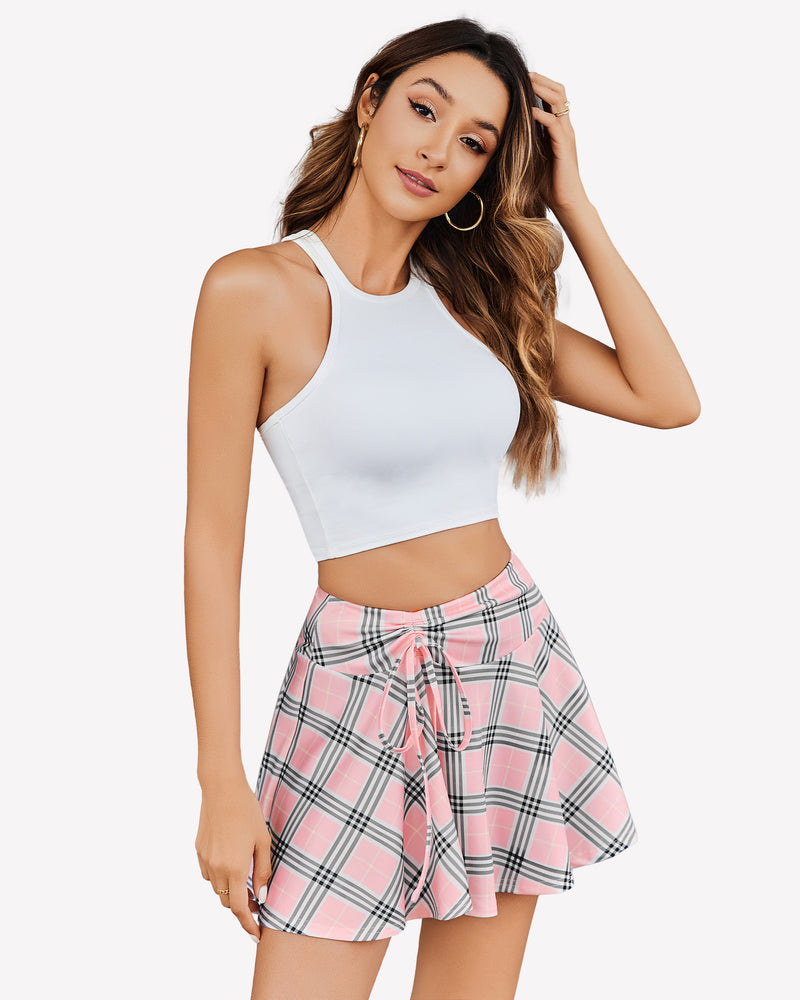 Plaid Mini Skirt Pleated Drawstring Skirts Pink Plaid Lingeries-mini skirts - Tophatter Daily Deals