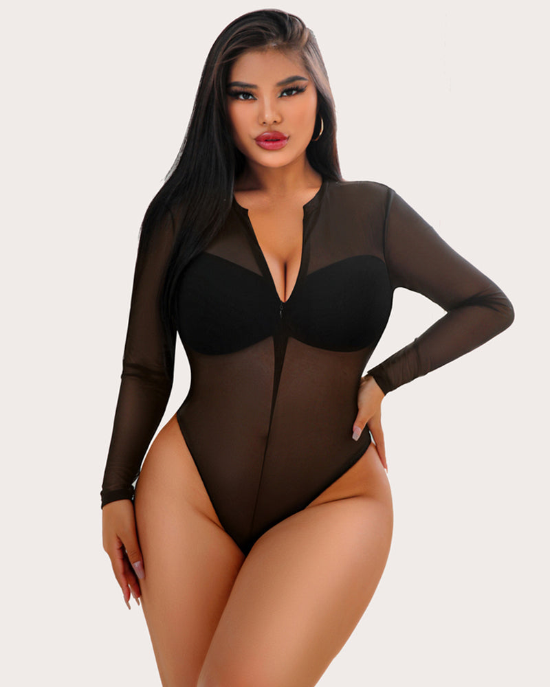 Mesh Zipper Sheer Bodysuit Black Lingeries-Bodysuits - Tophatter Daily Deals