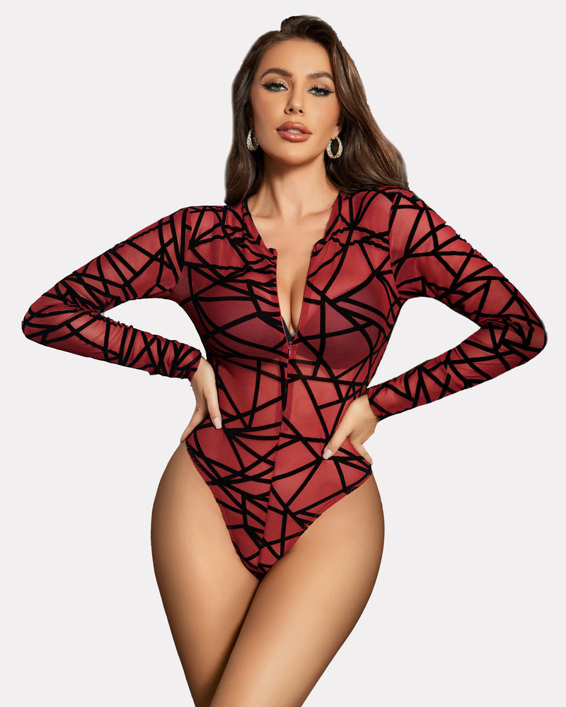 Mesh Zipper Sheer Bodysuit Wine Geo Lingeries-Bodysuits - Tophatter Daily Deals