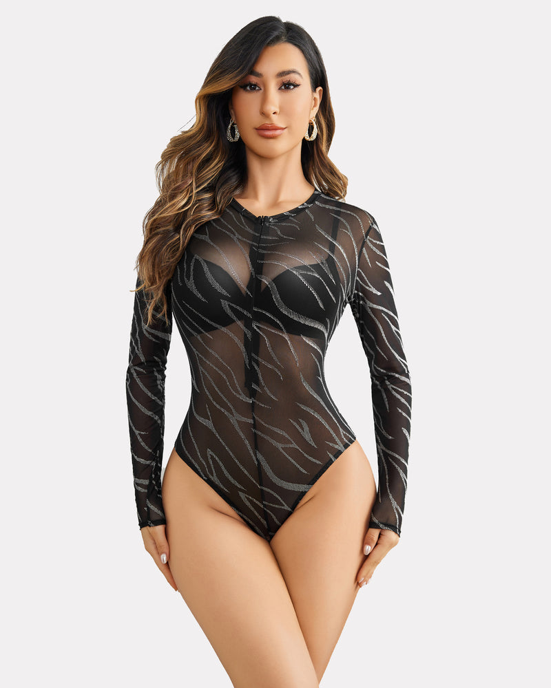 Mesh Zipper Sheer Bodysuit Lingeries-Bodysuits - Tophatter Daily Deals