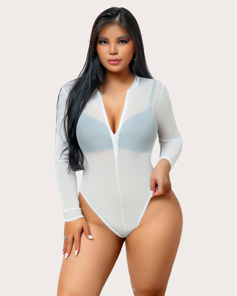 Mesh Zipper Sheer Bodysuit White Lingeries-Bodysuits - Tophatter Daily Deals