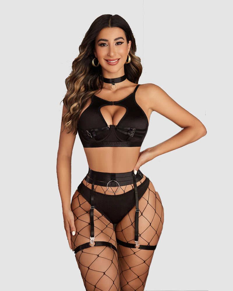 Push Up Bondaged 5 Piece Set (DE Only) Black Lingerie Sets-Bra Sets - Tophatter Daily Deals