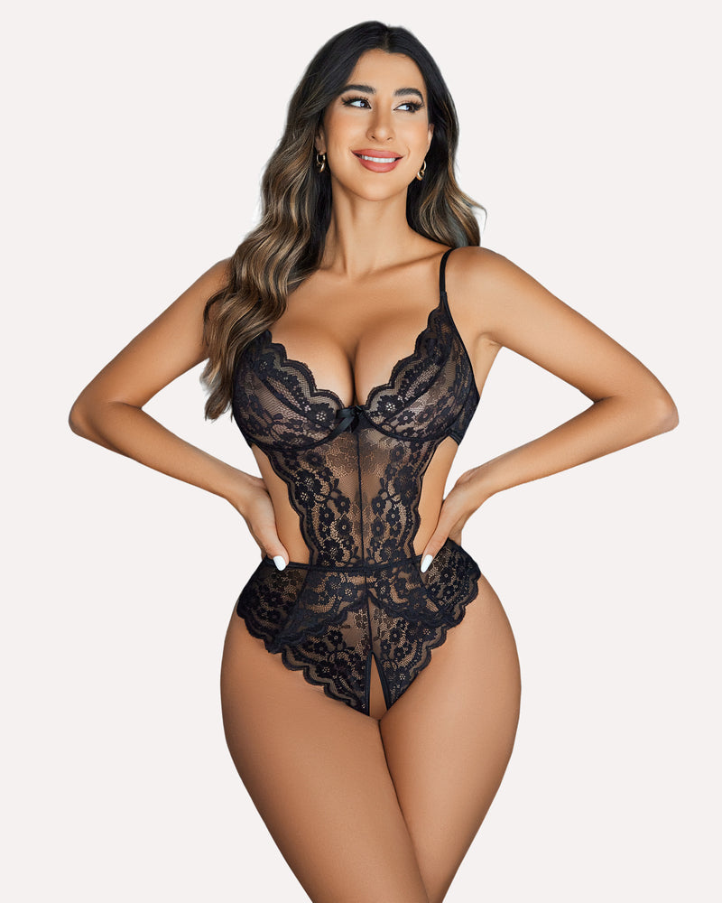 Lace V Neck Cut Out One Piece (DE Only) Lingeries-Bodysuits - Tophatter Daily Deals