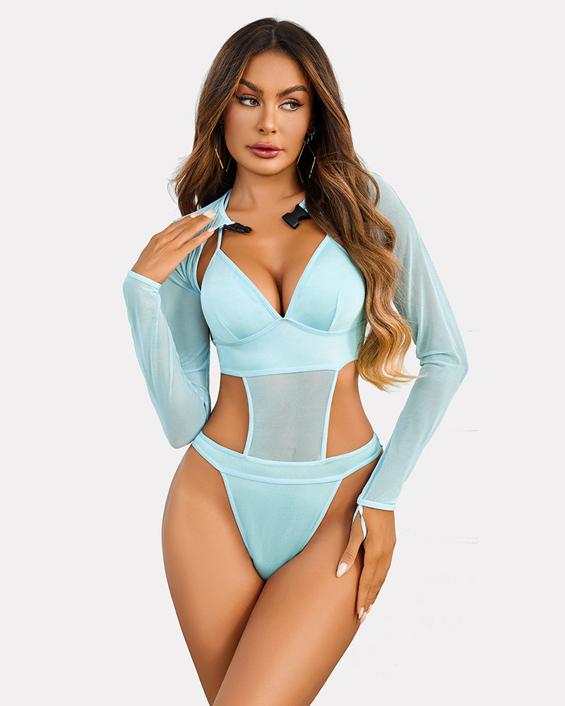 Bodysuit +Buckle Shrug Crop Top Set Sky Blue Lingeries-Crop tops - Tophatter Daily Deals