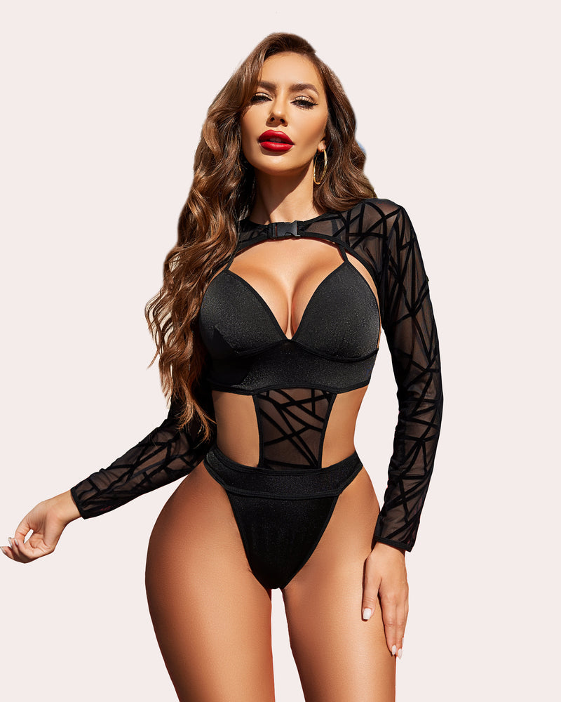 Bodysuit +Buckle Shrug Crop Top Set Black Geo Lingeries-Crop tops - Tophatter Daily Deals