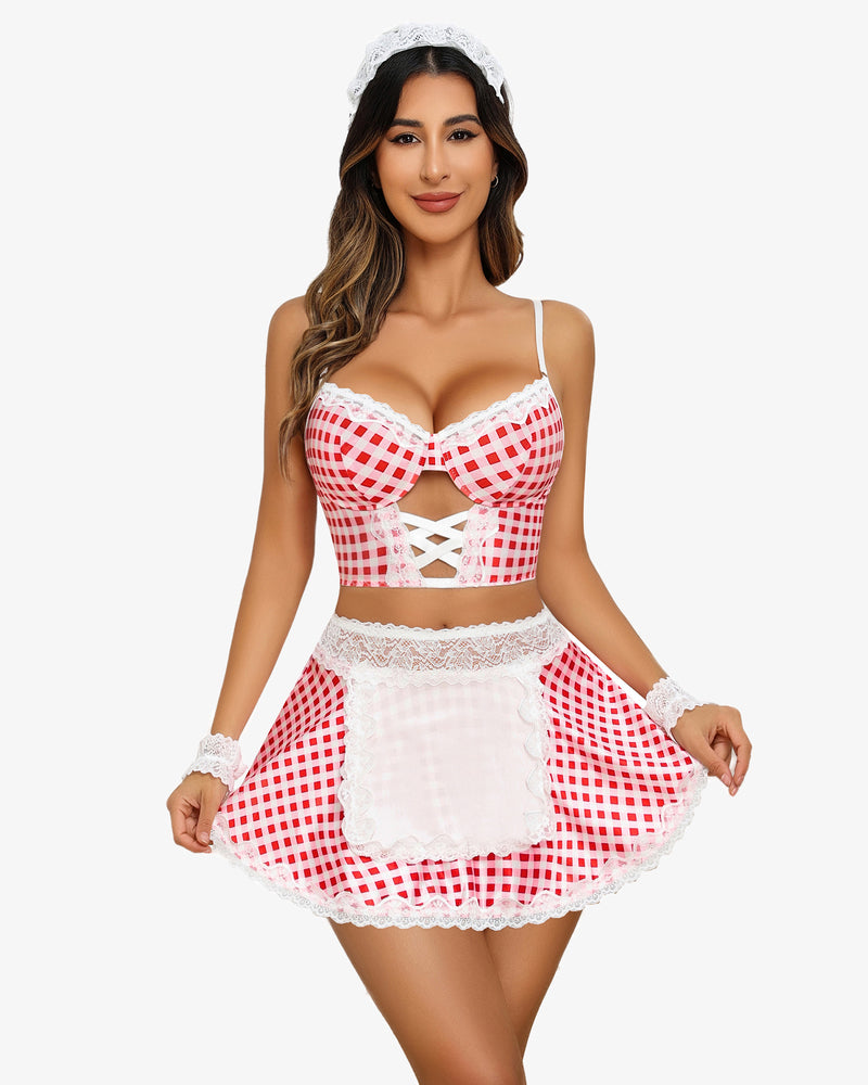 Lingerie Cosplay Set Red Plaid Lingerie Sets-Skirt Sets - Tophatter Daily Deals