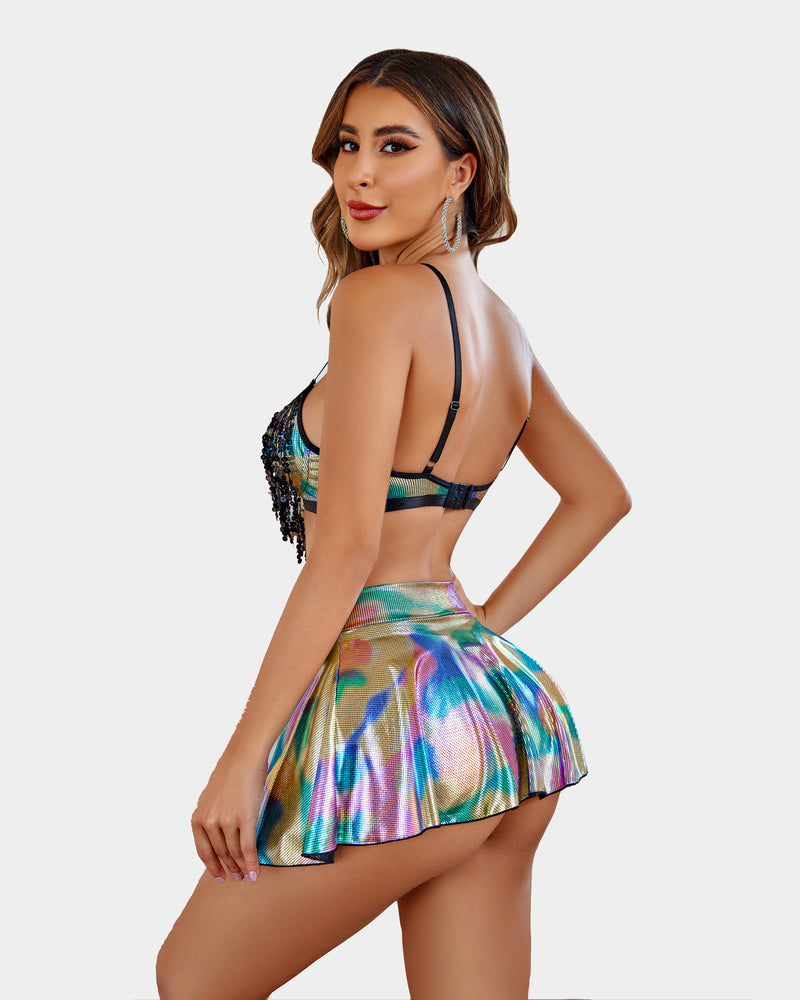 Sequin Fringe Metallic Skirt Set (DE Only) Lingerie Sets-Skirt Sets - Tophatter Daily Deals