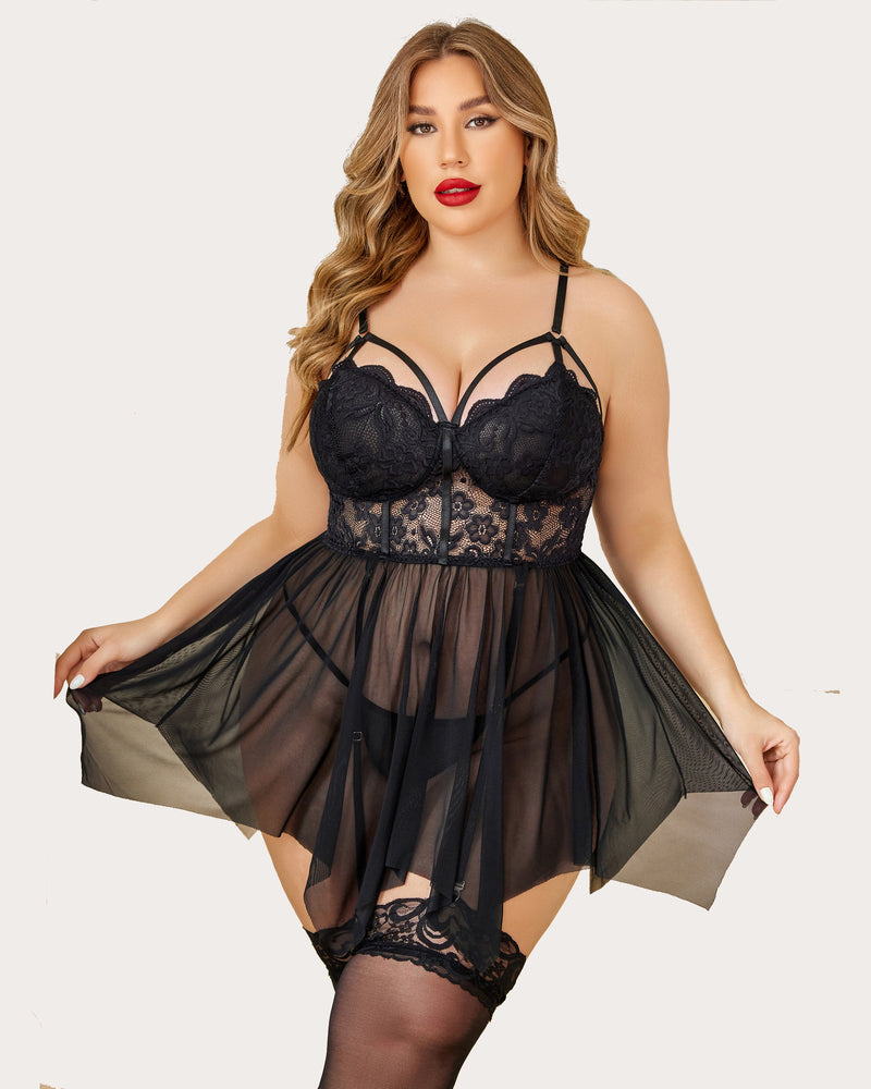 Plus Size Mesh Babydolls Black Lingerie-Babydolls - Tophatter Daily Deals