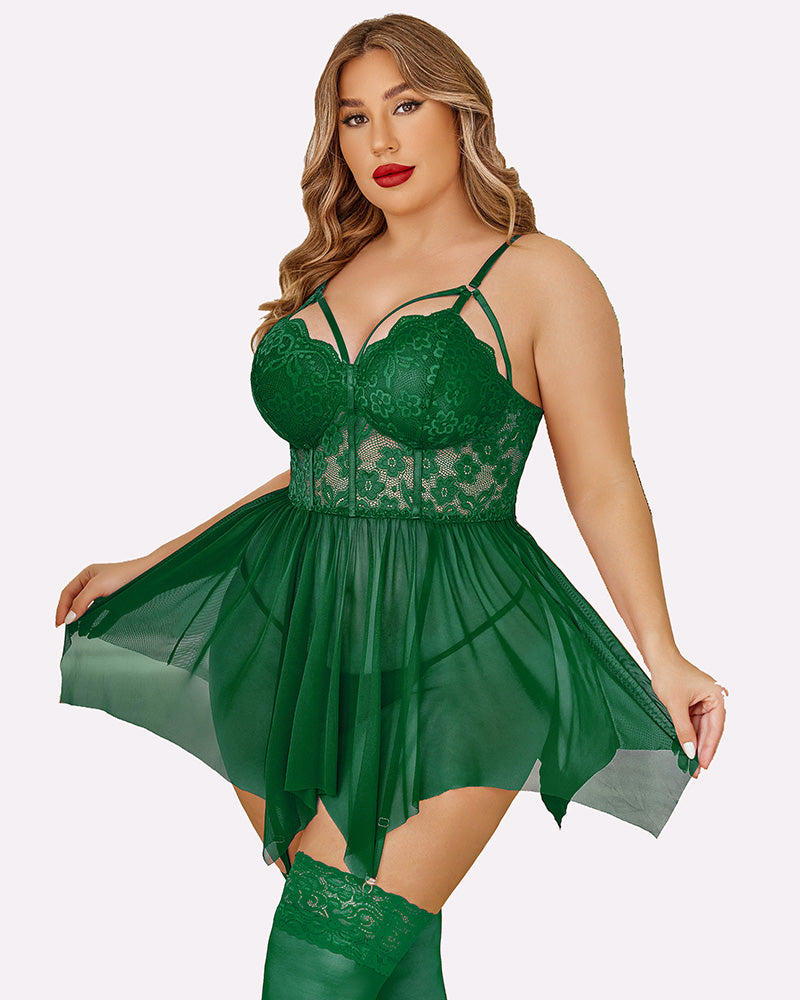 Plus Size Mesh Babydolls Green Lingerie-Babydolls - Tophatter Daily Deals