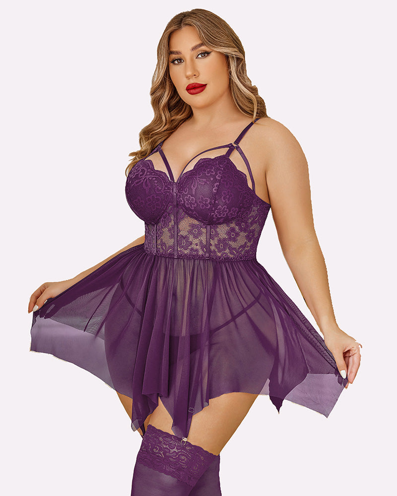 Plus Size Mesh Babydolls Purple Lingerie-Babydolls - Tophatter Daily Deals