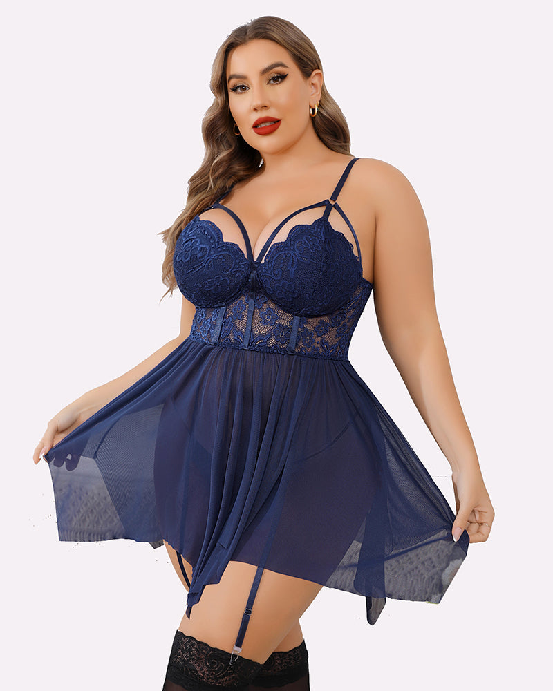 Plus Size Mesh Babydolls Navy Blue Lingerie-Babydolls - Tophatter Daily Deals
