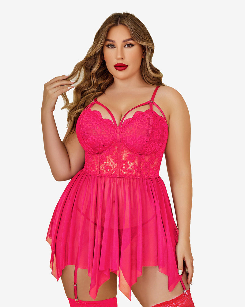 Plus Size Mesh Babydolls Rose Red Lingerie-Babydolls - Tophatter Daily Deals