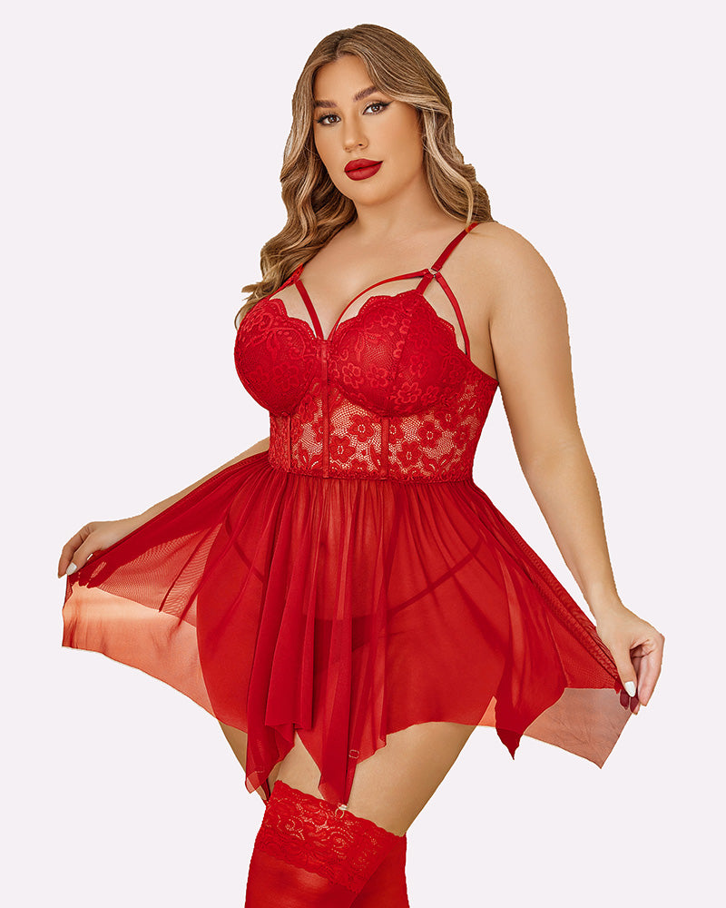 Plus Size Mesh Babydolls Red Lingerie-Babydolls - Tophatter Daily Deals