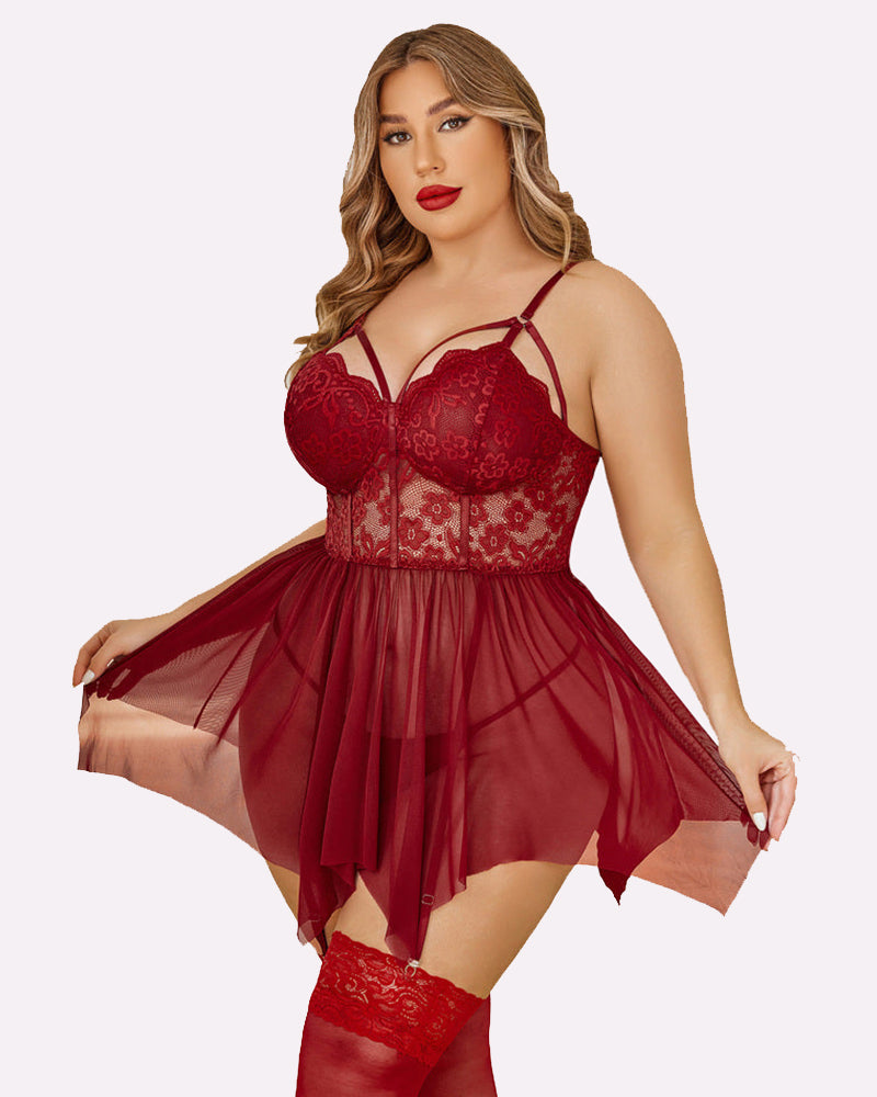 Plus Size Mesh Babydolls Wine Red Lingerie-Babydolls - Tophatter Daily Deals