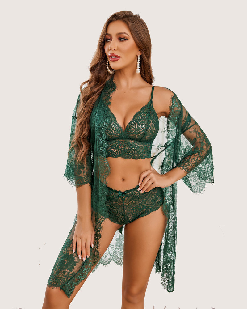 3 Piece Bra and Panty Sets with Robe (DE Only) Green Lingerie Sets-Bra Sets - Tophatter Daily Deals