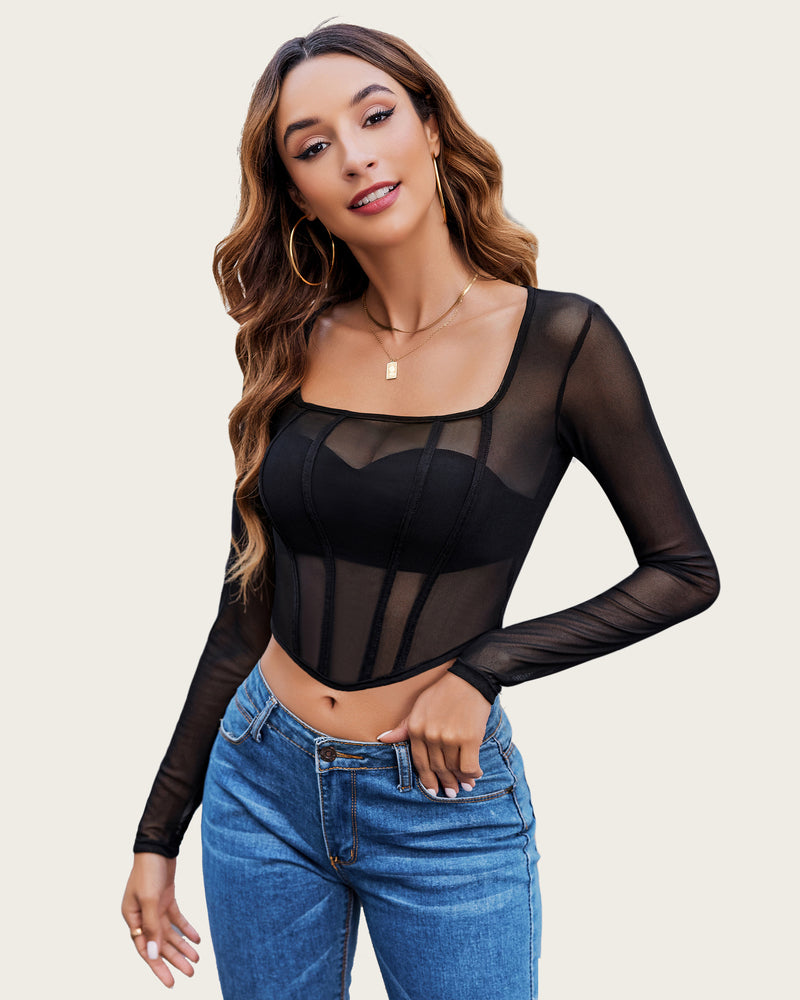Mesh Top Y2K Sheer Blouse Black Lingeries-Crop tops - Tophatter Daily Deals