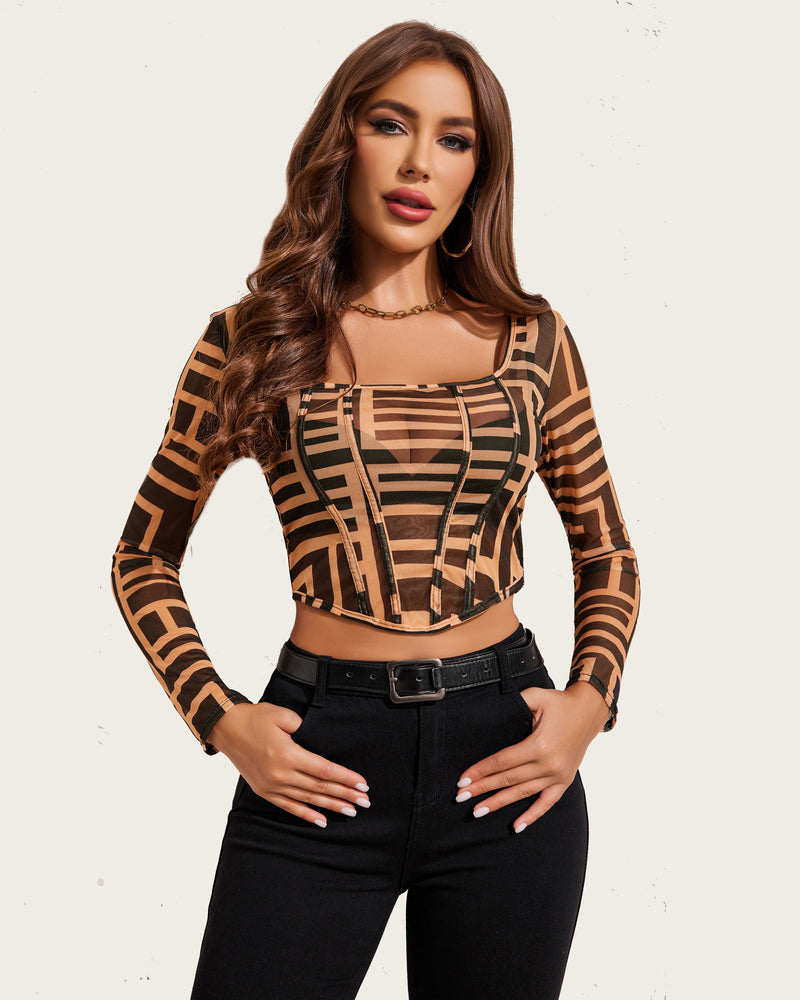 Mesh Top Y2K Sheer Blouse Geo Print Lingeries-Crop tops - Tophatter Daily Deals