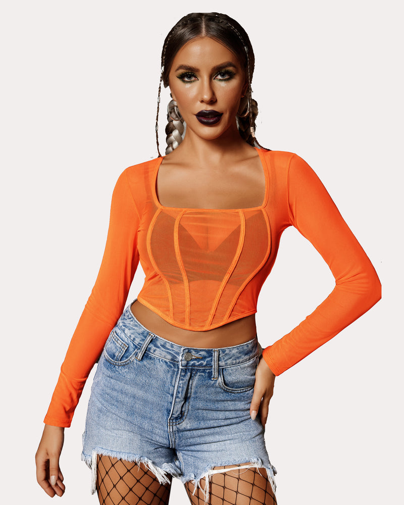 Mesh Top Y2K Sheer Blouse Orange Lingeries-Crop tops - Tophatter Daily Deals