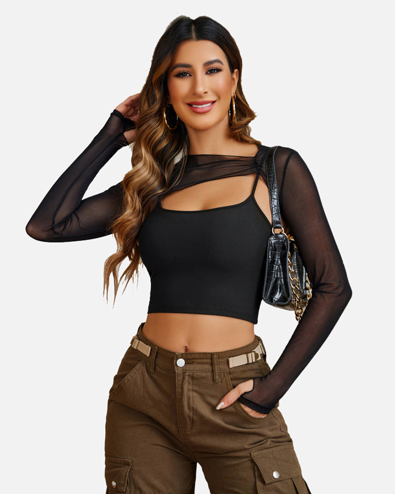 Mesh Crop Top with Cami Top Sets Black Lingeries-Crop tops - Tophatter Daily Deals