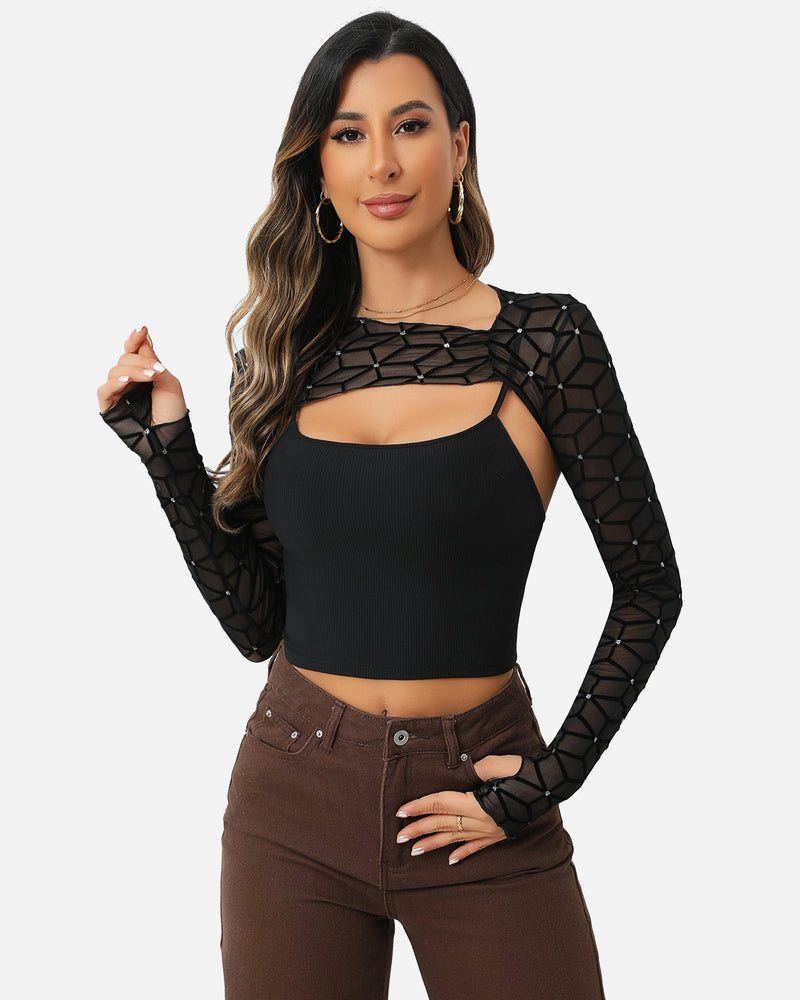 Mesh Crop Top with Cami Top Sets Black Geo XS Lingeries-Crop tops - Tophatter Daily Deals