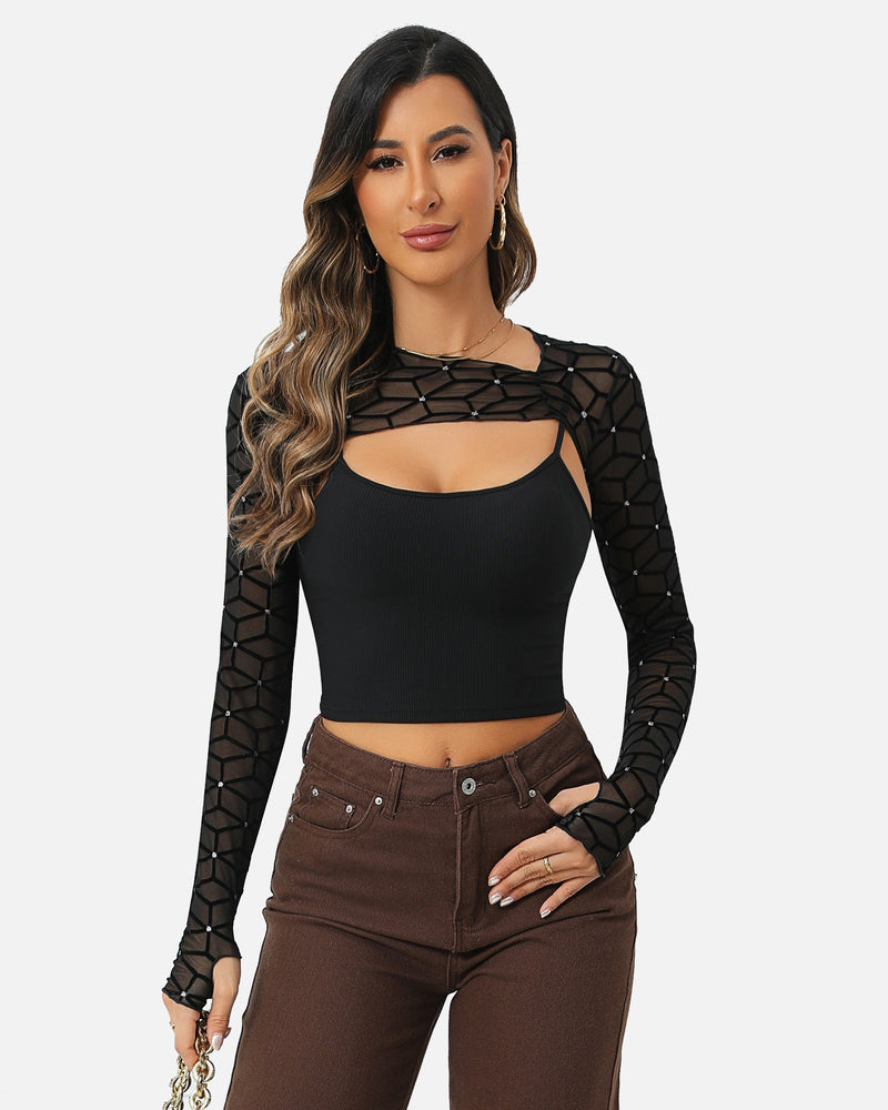 Mesh Crop Top with Cami Top Sets Black Geo Lingeries-Crop tops - Tophatter Daily Deals