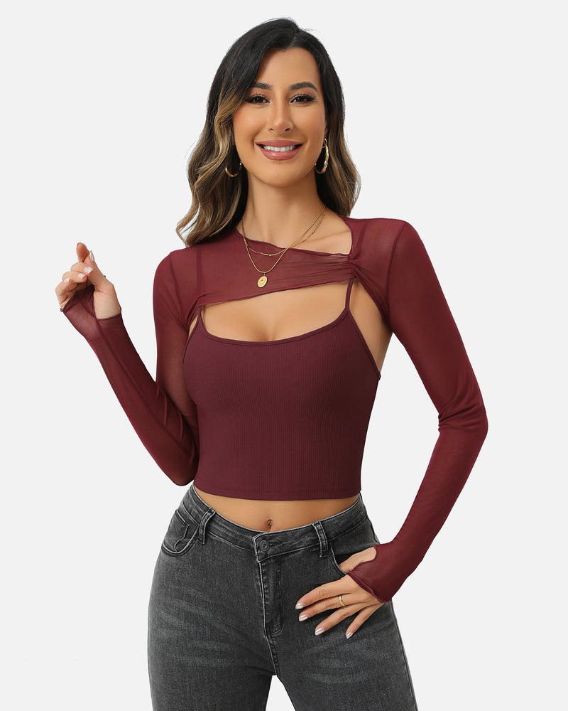 Mesh Crop Top with Cami Top Sets Dark Red Lingeries-Crop tops - Tophatter Daily Deals