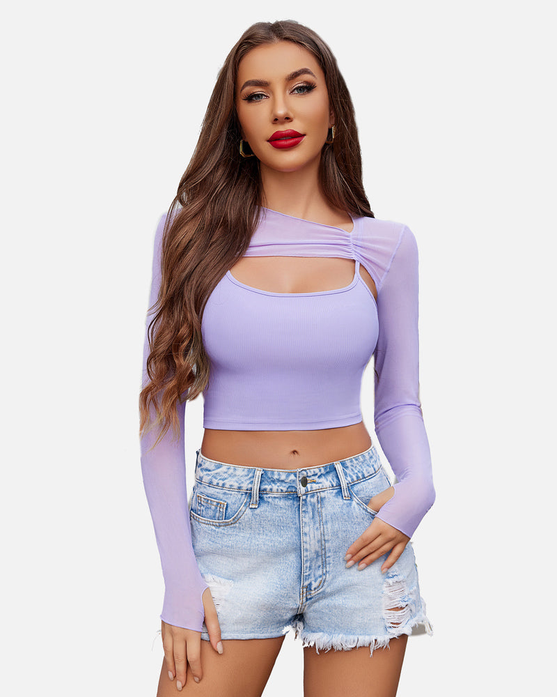 Mesh Crop Top with Cami Top Sets Lilac Lingeries-Crop tops - Tophatter Daily Deals