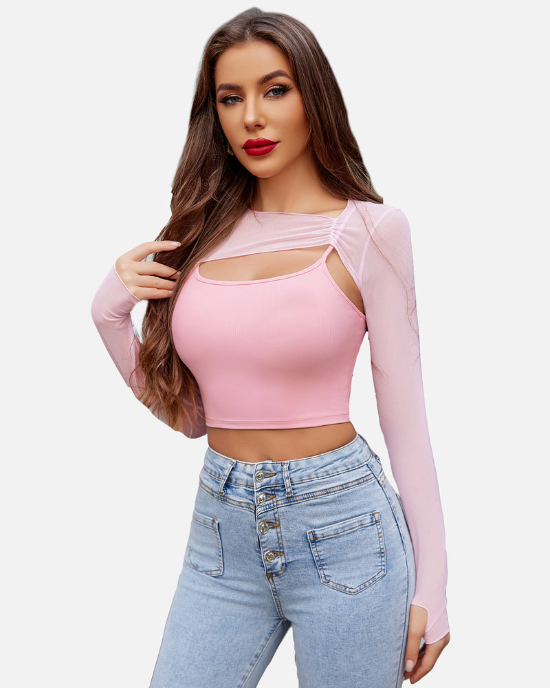 Mesh Crop Top with Cami Top Sets Pink Lingeries-Crop tops - Tophatter Daily Deals