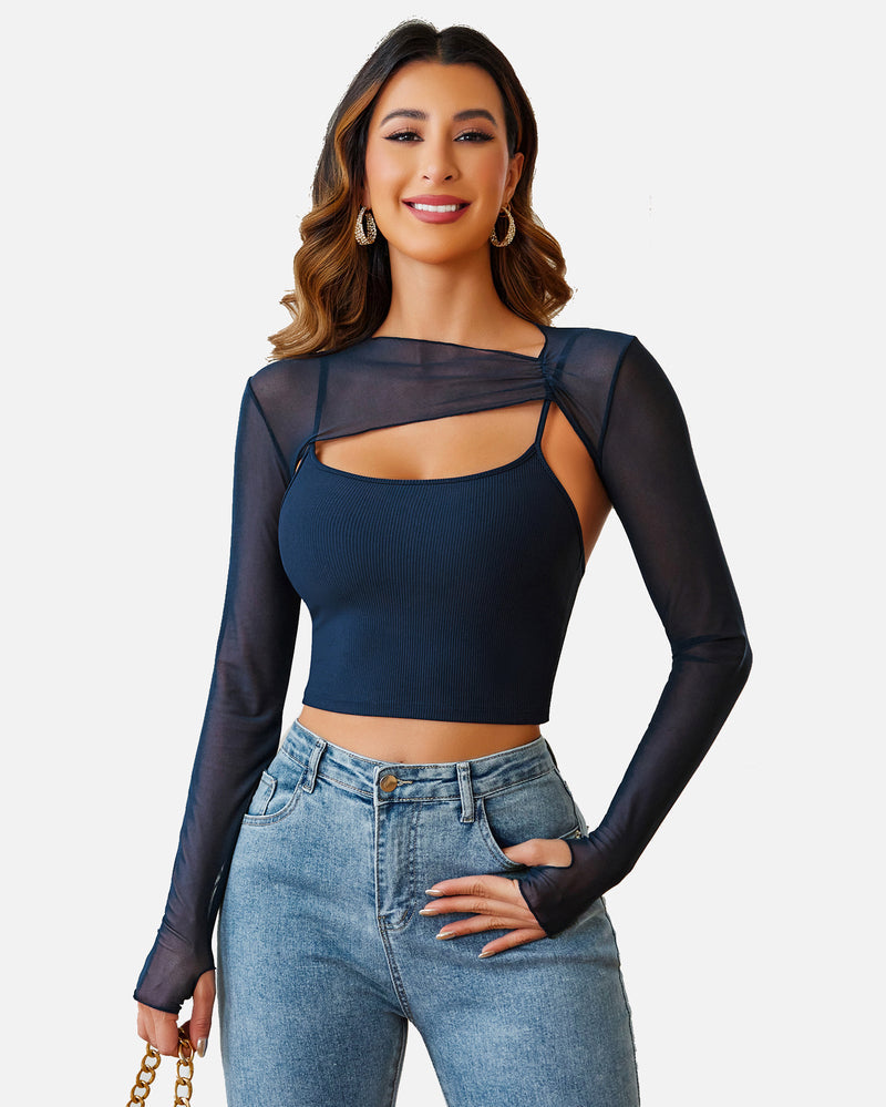 Mesh Crop Top with Cami Top Sets Navy Blue Lingeries-Crop tops - Tophatter Daily Deals