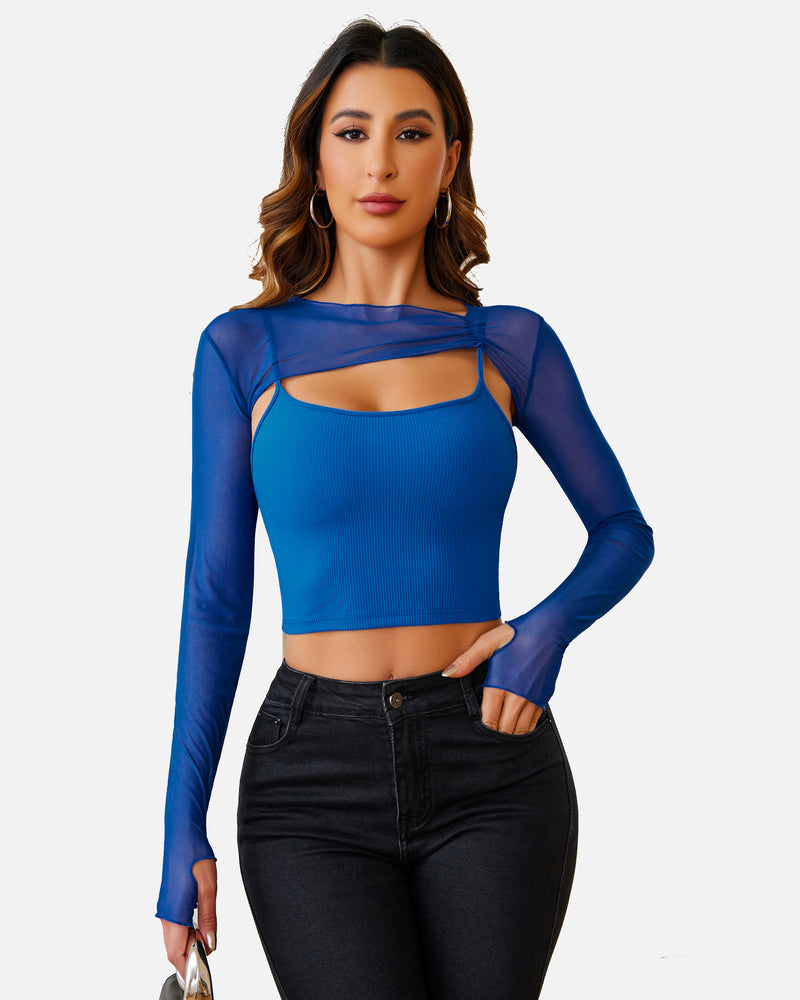 Mesh Crop Top with Cami Top Sets Sky Blue Lingeries-Crop tops - Tophatter Daily Deals