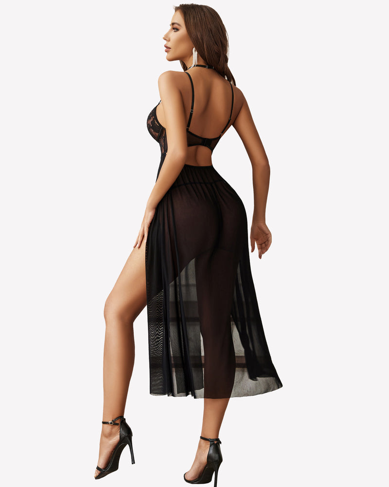 Lace Mesh Side Split Nightgown (DE Only) Sleepwears-nightgowns - Tophatter Daily Deals