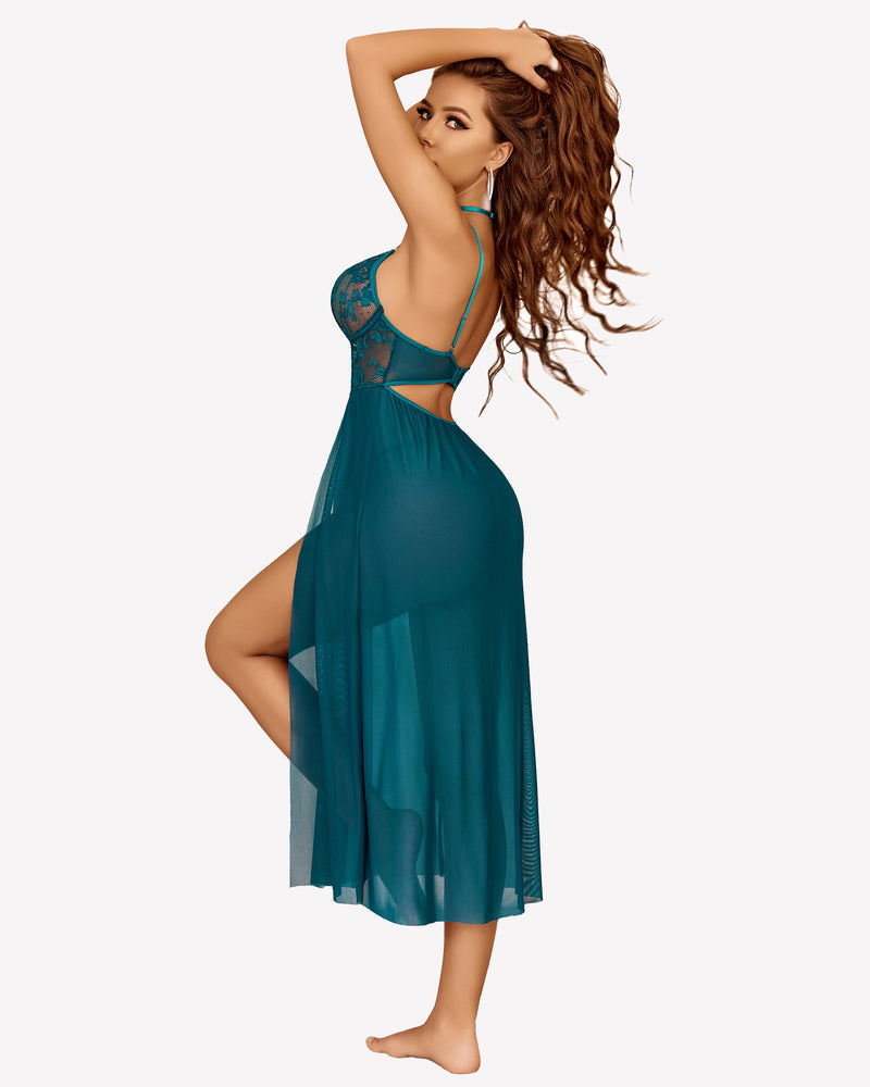 Lace Mesh Side Split Nightgown (DE Only) Sleepwears-nightgowns - Tophatter Daily Deals