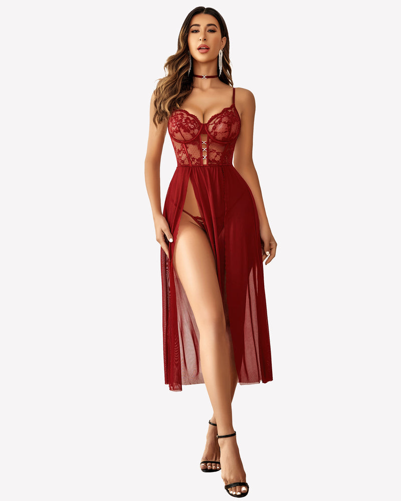 Lace Mesh Side Split Nightgown (DE Only) Sleepwears-nightgowns - Tophatter Daily Deals