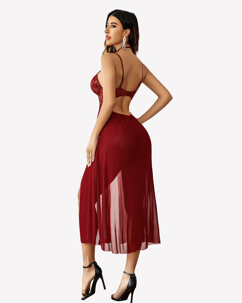 Lace Mesh Side Split Nightgown (DE Only) Sleepwears-nightgowns - Tophatter Daily Deals